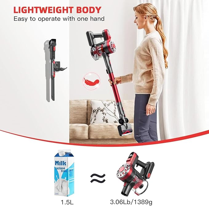 Cordless Vacuum Cleaner for Home,Lightweight Stick Vacuum Cordless Rechargeable with Power Suction, Up to 35 Mins Runtime, Hardwood Floor Vacuum for Pet Hair,Carpets,Tile(Dark Red)