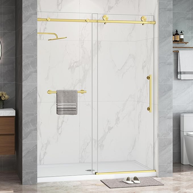 Frameless Shower Door,5/16" (8mm) Glass Sliding Shower Door with Soft-Close & Anti-Leak,Nano Coating Anti-Explosion Film SGCC Tempered Glass 55"-60" X 76"H,Brushed Gold