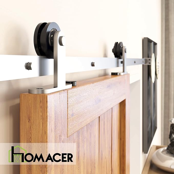 Homacer Brushed Nickel Non-Bypass Sliding Barn Door Hardware Kit, for One/Single Door, 12ft Long Flat Track, T-Shape Design Roller, Heavy Duty, for Interior & Exterior Use