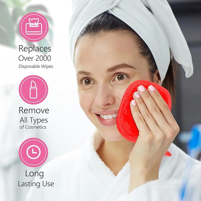 Orighty Makeup Remover Cloth, 12 Pack Makeup Removal Face Cleansing Cloth, Reusable Make Up Remover Pads Remove Instantly Dirt with Just Water, 5 x 5 in, Red
