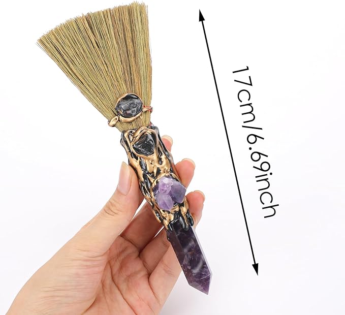 Crystal Witch Altar Broom - Handmade Magic Witch Broomstick with Amethyst Natural Healing Crystals Stones Hexagonal Points Reiki Energy Balancing Chakra Meditation Therapy Gift 8 Inches