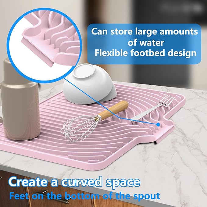 Dish Drying Matt for Kitchen Counter,10"14"18"20"Silicone Dry Rack Mat with Built in Drain, Kitchen Dry Mats for Dishes Drying Pad for Counter(18"×12"Pink)
