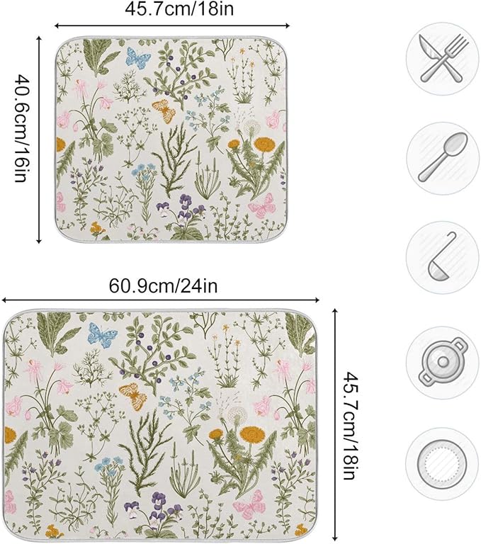 Herbs Flowers Botanical Butterfly Dish Drying Mat for Kitchen Counter Absorbent Microfiber Drying Pad, Medium 16x18 in, Reversible Drainer Mats