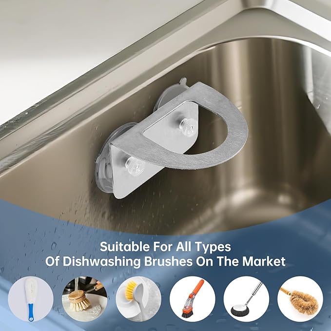 Stainless Steel Kitchen Sink Dish Brush Holder with Suction Cups,Scrub Brush Holder, Compatible with Various Dishwashing Brushes,Dish Wand Holder,Dishwand Sink Caddy,No Drill Rustproof Waterproof