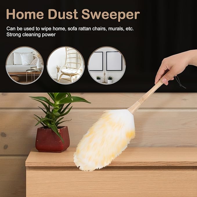 Lambswool Duster Home Dust Sweeper with Handle, Small 22cm Wool Head, Anti-Static Furniture Cleaning Tool for Car Interiors and Household Dust Removal