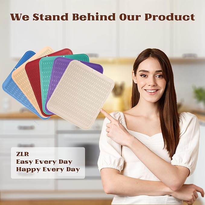 ZLR Large Silicone Dish Drying Mat (16" x 18") - XL Heavy Duty Drainboard Mat for Pots, Pans & Family Loads - Heat Resistant Trivet & Counter Protector, Easy Clean (Dark Green)