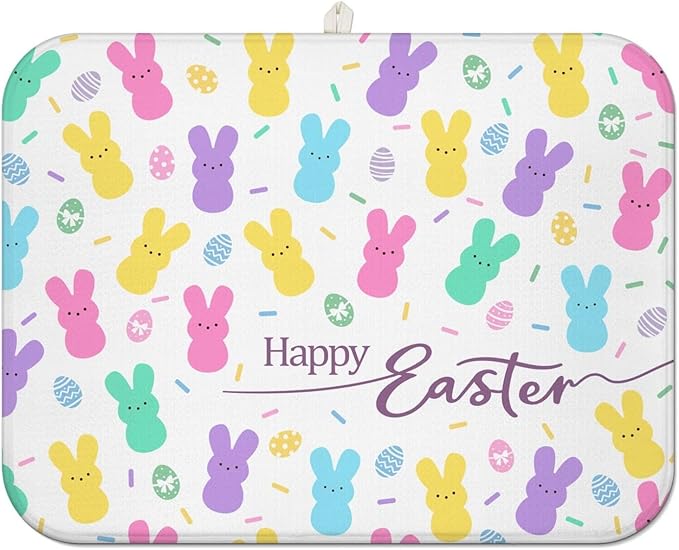 Happy Easter Dish Drying Mat for Kitchen Counter,Cute Bunny Microfiber Drying Mat,Washable Absorbent Kitchen Countertop Dish Mat Drain Pad 18×24 Inch
