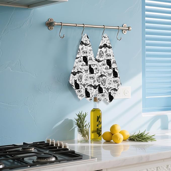 2Pcs Skeleton Cat Kitchen Towels, Mushroom Durable Microfiber Tea Towels for Kitchen Home Bathroom Farmhouse Decor, Eyes Bat Waffle Weave Dish Drying Towel, Cat Gifts for Women Friend, 24x14 Inch