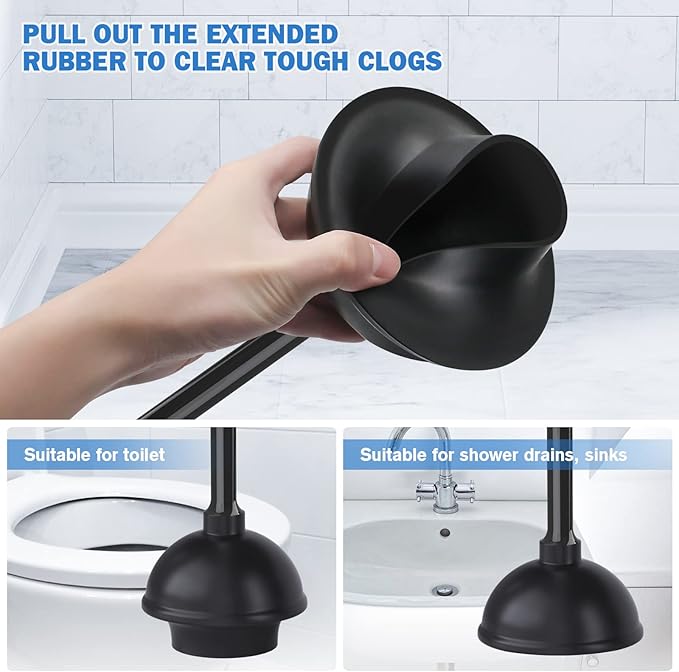 Toilet Plunger and Brush with Holder, Bowl Brush and Heavy Duty Toilet Plunger Set for 5.7-inch Toilet Drain, 2-in-1 Bathroom Cleaning Combo with Modern Caddy Stand (Black)