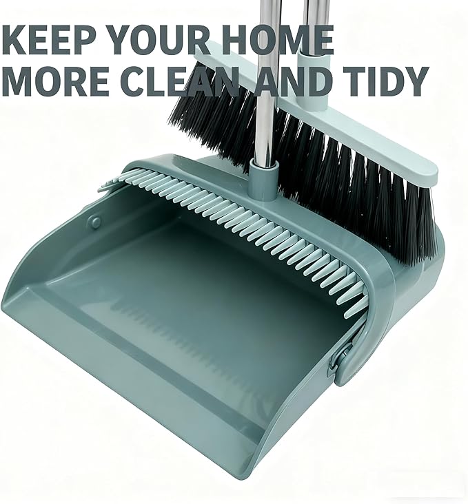 Upgrade Broom and Dustpan Combo Set - 3 Row Bristles & Extended Handles for No Bending, Self-Cleaning Dustpan Teeth, Stand-Up Storage, Indoor & Outdoor Sweeping (Bean Green)