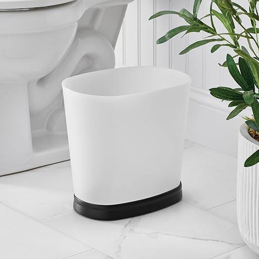 iDesign Slim Bathroom Trash Can, Small Plastic Garbage Can for Bedroom, Office, Desk, or Dorm, Frost/Matte Black
