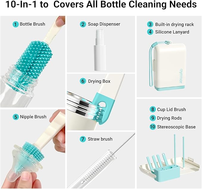 Baby Bottle Brush Cleaner Set - 10 in 1 Travel Bottle Cleaning Brush Kit with Silicone Bottle Brush, Nipple Brush, Soap Dispenser, Portable Drying Rack, Breast Pump & Bottle Cleaning Kit - Lake Green