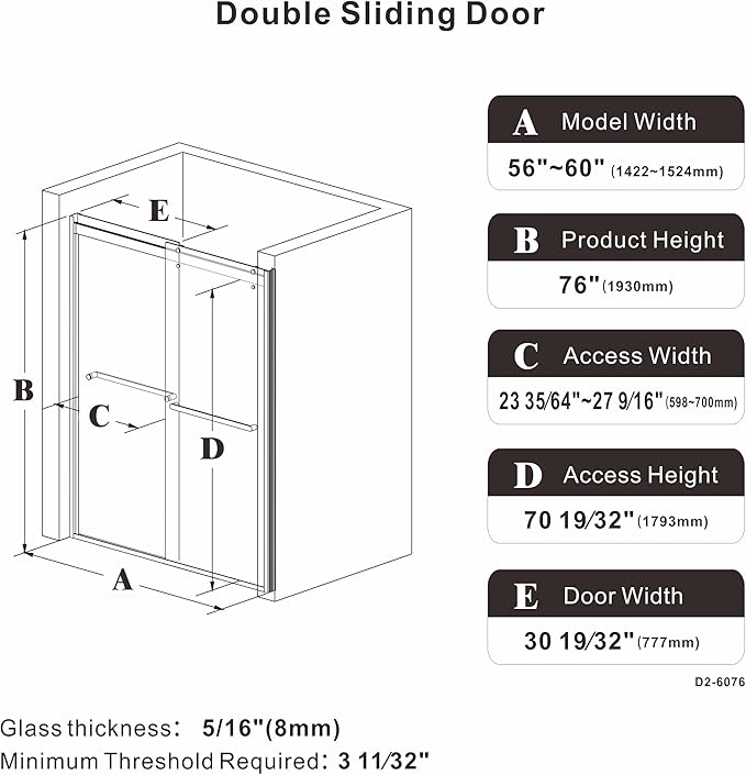 Sliding Shower Door, 56-60" W x 76" H Semi-Frameless Double Sliding Glass Shower Door with 5/16'' (8mm) Clear ASNI SGCC Tempered Glass, Bypass Shower Enclosure, Matte Black