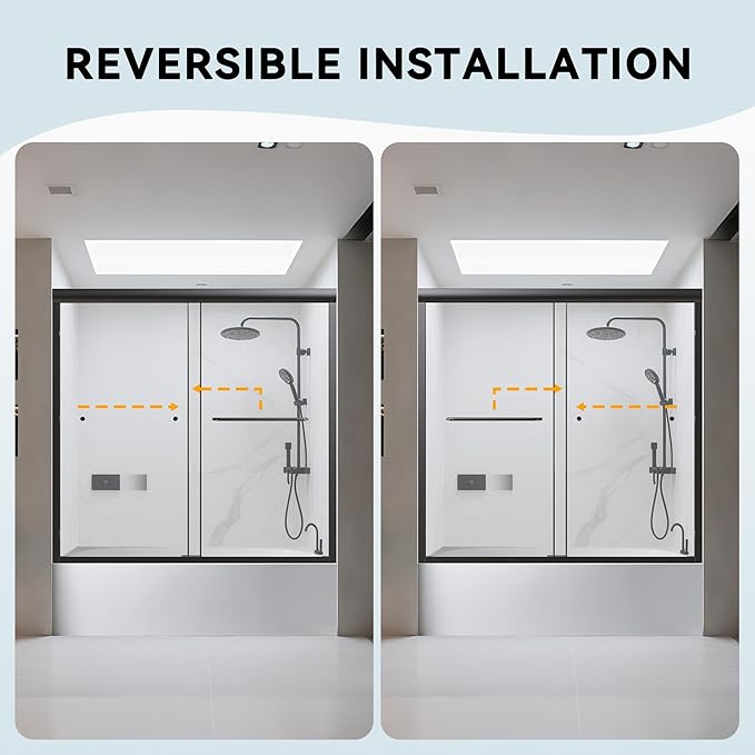 56-60" W x 58" H Semi-Frameless Tub Shower Door, Bypass Double Sliding Bathtub Shower Glass Doors with 1/4" (6mm) Clear SGCC Tempered Glass and Stainless Steel Handles, Matte Black