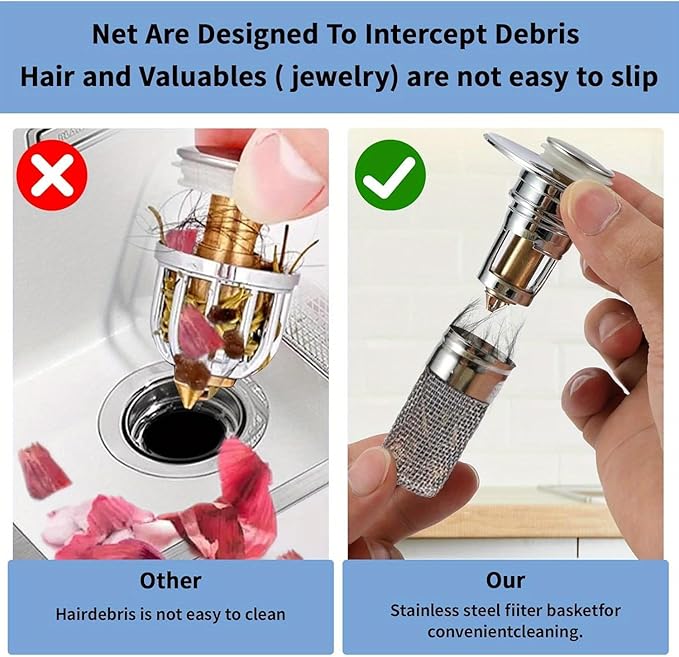 Bathroom Sink Stopper Hair Catcher - Drain Catches & Strainers with Removable Stainless Steel Filter Basket, Pop-Up Design, Easy Cleaning, and US Drain Compatibility. (2pcs)