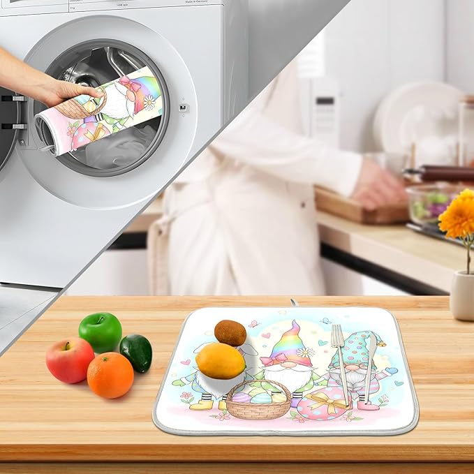 Colorful Easter Cute Gnomes Dish Drying Mat for Kitchen Counter Absorbent Microfiber Large Drying Pad Dish mats for Kitchen Countertops 18 x 24 Inch