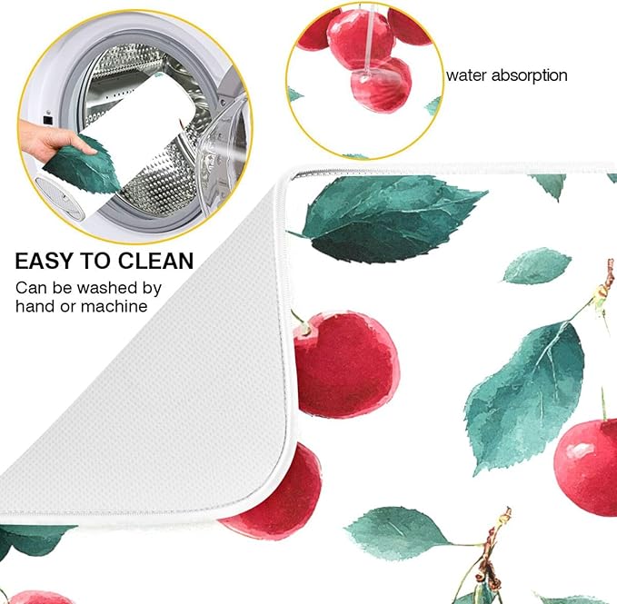Red Cherry Leaves Dish Drying Mat for Kitchen Counter Absorbent Microfiber Drying Pad, Medium 16x18 in