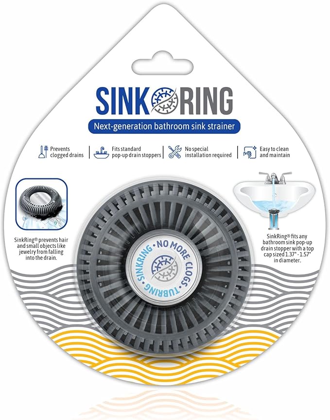 Bathroom Sink Hair Catcher for Pop-Up Drain – SinkRing 1.57" Precision Strainer for Bathroom Sink Drains | Clog-Free Hair Trap for Contacts, Earrings, Jewelry | No Suction or Screws – Charcoal Gray