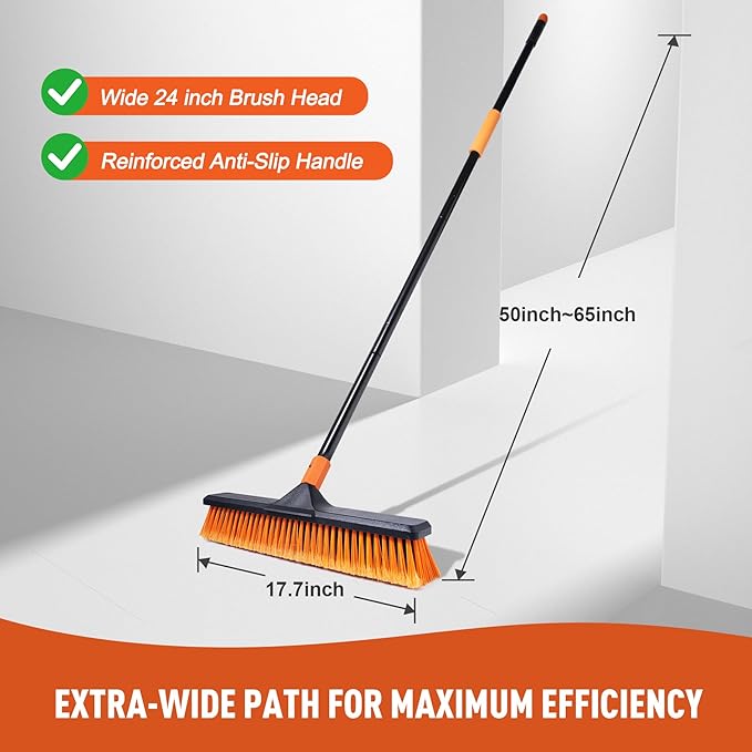 18" Push Broom Outdoor for Floor Cleaning with Extendable Long Handle, Stiff Bristle Heavy Duty Broom for Bathroom, Kitchen, Tub, Tile, Patio, Deck, Concrete, Industrial