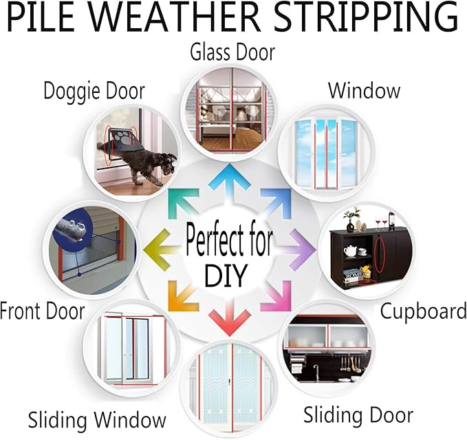 Weather Stripping Brush for Sliding Windows/Doors Frame Side,Pile Self Adhesive Weatherstrip Seal Strip Sealer Draft Stoppers (80ft x11/32 Backing x 11/32 Brush inch, Black)