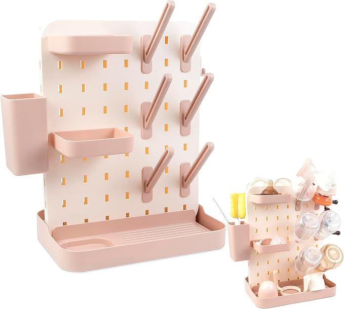 Baby Bottle Drying Rack Space Saving Countertop Vertical Rack with Brushes Holder (Pink)