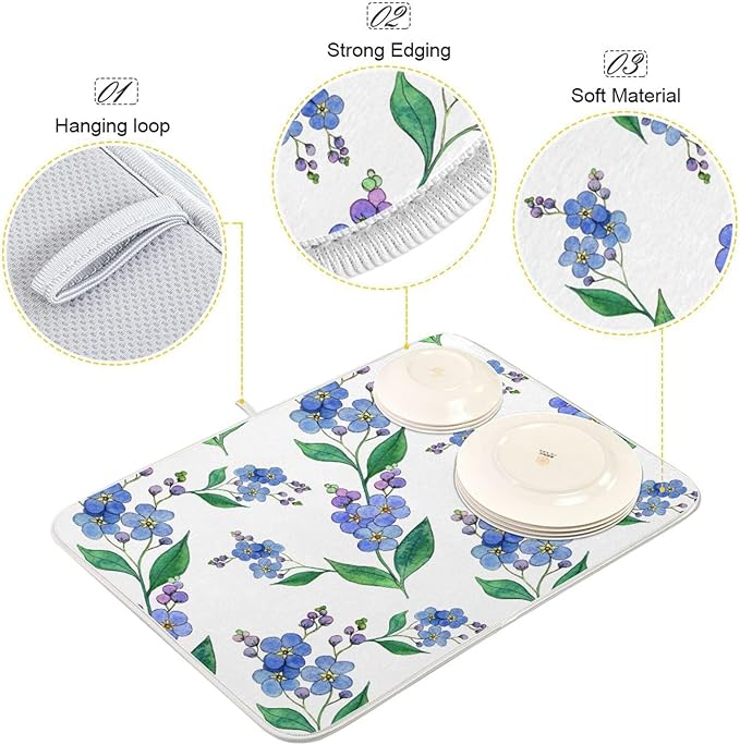 Blue Forget-me-not Flowers Dish Drying Mat for Kitchen Counter 18x24 inch Super Absorbent Drying Mat Large Dish Drying Mats for Kitchen Countertop Protector Dishes Pad