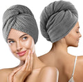 2 Pack Hair Drying Towels, Hair Towel Wrap, Absorbent Microfiber Hair Towel Turban with Button Design to Dry Hair More Quicker, Grey