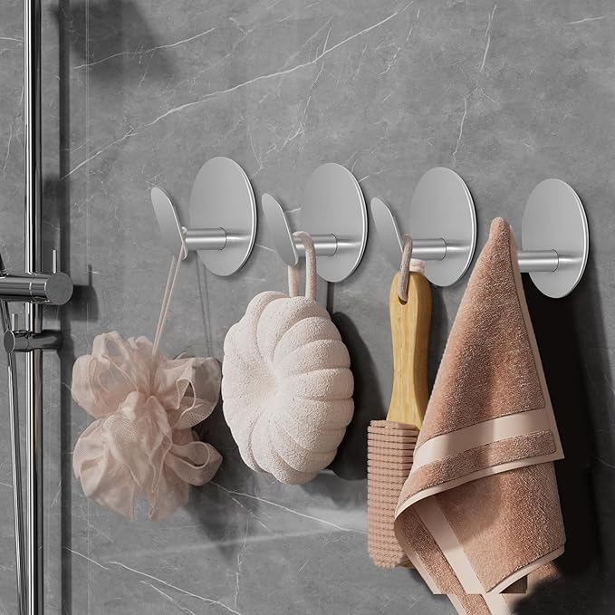 Adhesive Hooks for Bathrooms, 4 Piece Towel Hooks for Hanging Hat Robe Coat, Stick on Hooks for Kitchens, Strong Self-Adhesive No Damage Waterproof Stainless Steel Sticky Hook (Silvery)