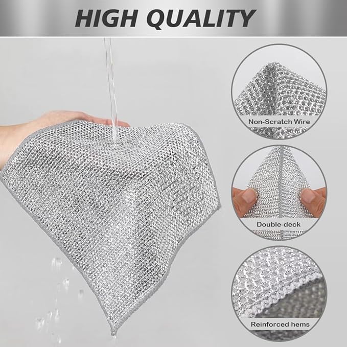 SINLAND Silver Mesh Dish Cloths Wire Dish Washing Rags Magic Cleaning Cloths Stainless Steel Metal Cloth for Dishes Sinks Counters Stove Tops Easy Rinsing 7.87x7.87 Inch 10 Pack