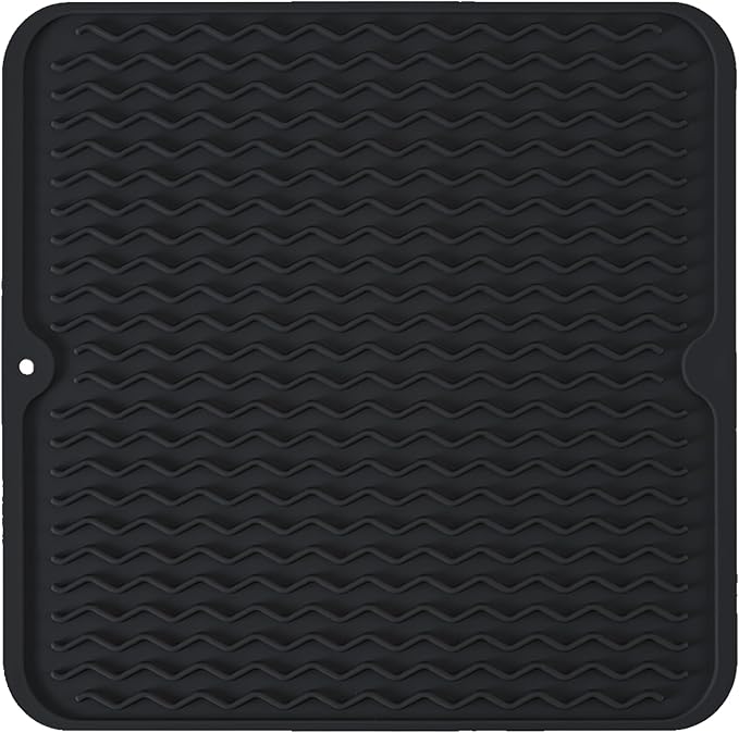Silicone Dish Drying Mat, Non-Slip Easy Clean Sink Mat Large Heat-resistant Dish Drainer Mat for Kitchen Counter, Sink, Refrigerator or Drawer liner (12" x 12", BLACK)