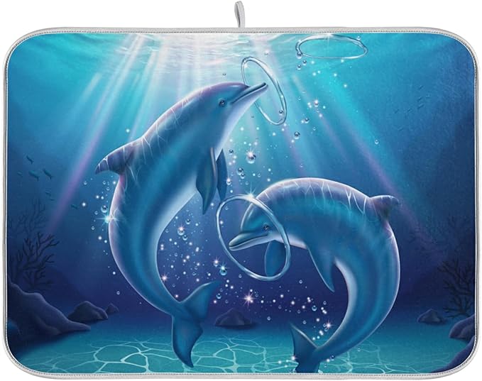 Tarity Lovely Dolphins Dish Drying Mat for Kitchen Counter Absorbent Heat Resistant Microfiber Dishes Drainer Mat 18x24 in Large Dish Pad Sink Mat Protective Pad Kitchen Decor