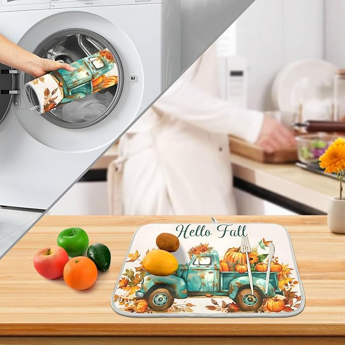 Vintage Fall Truck with Pumpkins Autumn Leaves Dish Drying Mat for Kitchen Counter Absorbent Microfiber Small Drying Pad Dish Mats for Kitchen Countertops 16 x 18 Inch