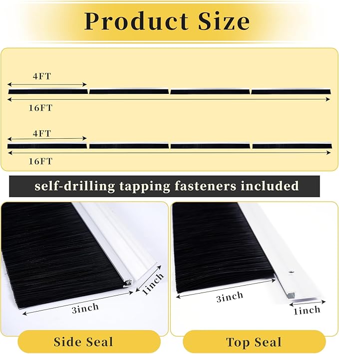 tonchean 3" Garage Brush Seal Kit for Roll-up Doors 16 x 8ft Heavy Duty Nylon Brush with Aluminum Track for Warehouse/Commercial/Sliding Barn, Top Straightx4 + Side 45-Degree Holder Side Sealx4