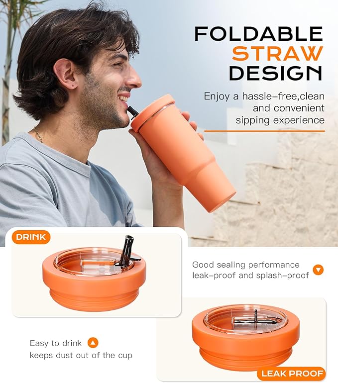 30oz Flip Straw Leak Proof Lid for Stanley Quencher,30 oz Tumbler Lid Replacement for Stanley Cup Accessories,No Spill Silicone Tumbler Lids with Cleaning Brush Set (Nectarine)