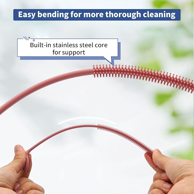 Silicone Straw Cleaner Brush, 2Pcs Reusable Straw Brush Extra Long for Cleaning Tumbler with Handle and Glass Metal Smoothie Straws, Non-slip Handle Soft and Bendable, 6mm+9mm, Pink