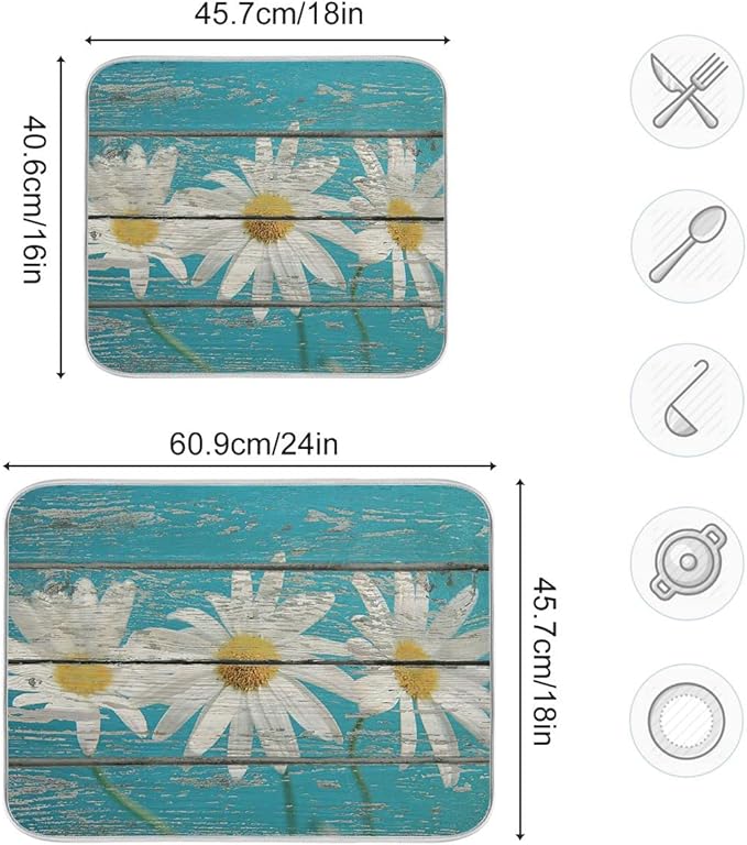 Daisy On Old Wooden Board Dish Drying Mat for Kitchen Counter Turquoise Wood Drying Mat 16 x 18 Inch with High Absorbent Reversible Microfiber Dish Drying Pad Drainer Mat for Coffee Bar