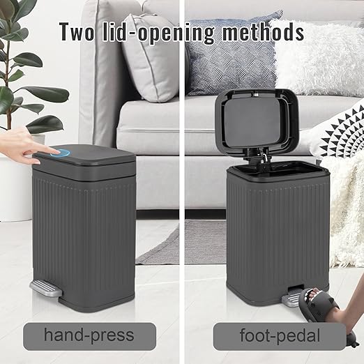 rejomiik Small Bathroom Trash Can with Lid 2.1 Gallon Soft Close Step Slim Garbage Can Waste Bin for Office, Bedroom, Kitchen, Dark Gray