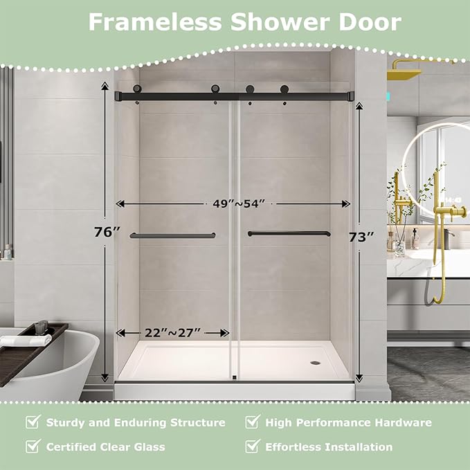 49"- 54" W x 76" H Frameless Shower Door, Double Sliding Shower Door,5/16"(8mm) Clear Tempered Glass,Easy Sliding Shower Door with Explosion-Proof Film (Matte Black 54" Wx76 H)