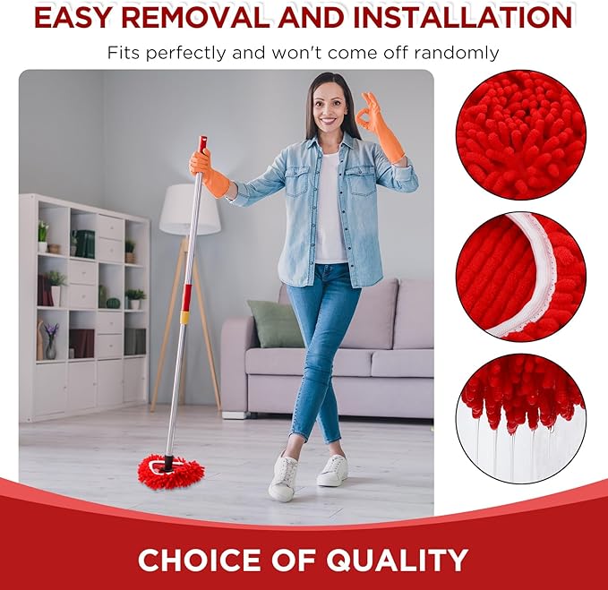 Baderke 3 Pack Chenille Mop Heads Replacements Compatible with 1 Tank System Chenille Duster Replacement Heads Microfiber Spin Mop Refill Pads Reusable Dust Refills for Floor Cleaning (Red)