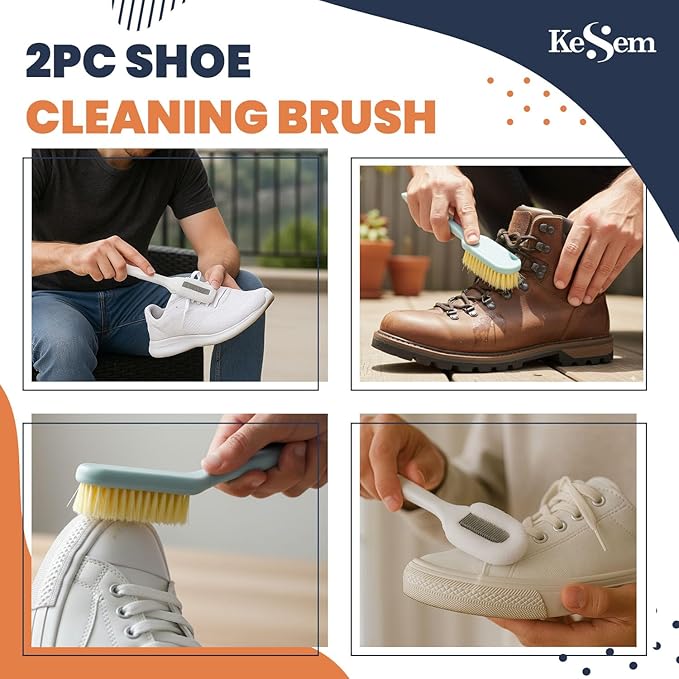 Shoe Cleaning Brush Set of 2 - Soft Bristle Shoes Scrubber with Handle, Shoes Scrubbing Brush for White Sneaker, Leather, Canvas, Knit, Fabric Suede Cleaning Brushes for Hat, Bag and More
