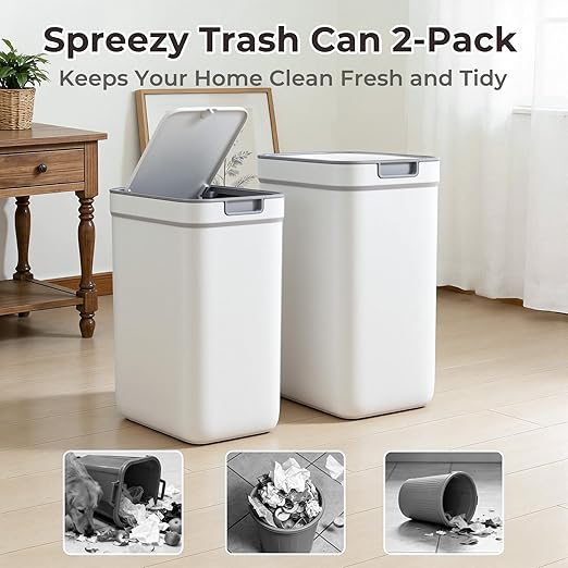 Spreezy Bathroom Trash Can with Lid 2 Pack (3.6 Gal & 2.4 Gal), Small Garbage Bin with Pop-Up Lid, Dog-Proof Waste Basket, for Kitchen, Bedroom, Office, Living Room, White