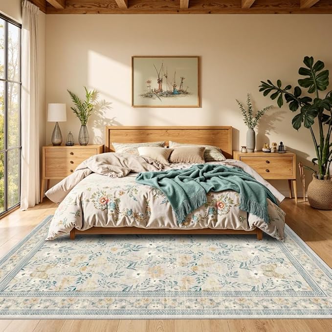 Floral Rug for Living Room Bedroom, 6x9 Washable Rug, Vintage Boho Area Rug, Large Non Slip Low Pile Wool Carpet for Indoor Dining Room,Girls Room,Nursery Room and Kids Room(Ivory Green 6x9ft)