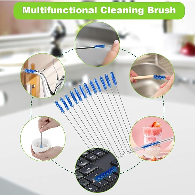 Straw Cleaner Brush for Stanley, 12 Inch Extra Long Straw Brush Cleaner (8-Pack) Includes 2 Reusable Glass Straws for 40 oz Tumbler and Water Bottle, Durable & Rust Resistant
