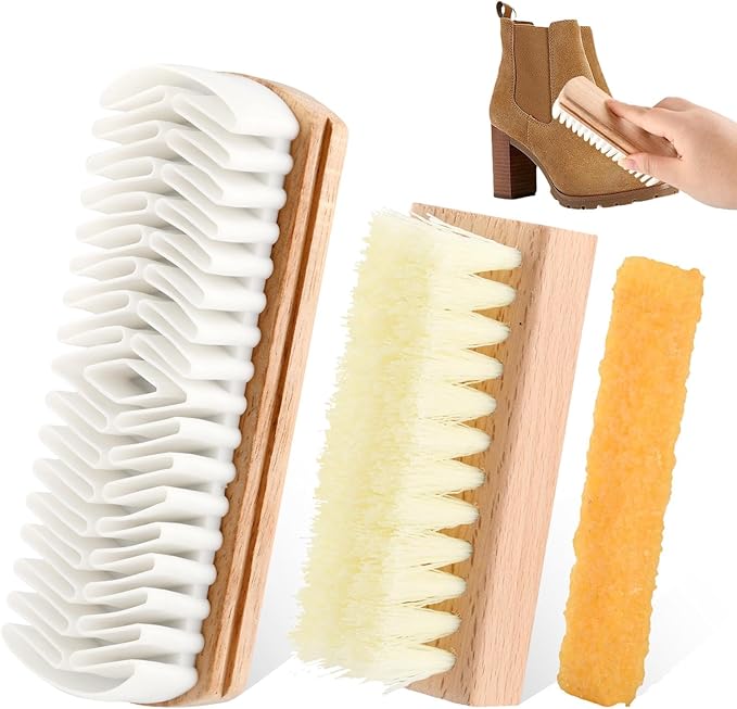 3Pcs Suede Shoe Brush and Eraser,Suede Nubuck Cleaning Brush for Shoes,with Wooden Handle,Suede Cleaning Kit for Leather Suede Shoe, Handbags,Jackets,Boots,Furniture,Easy to Use