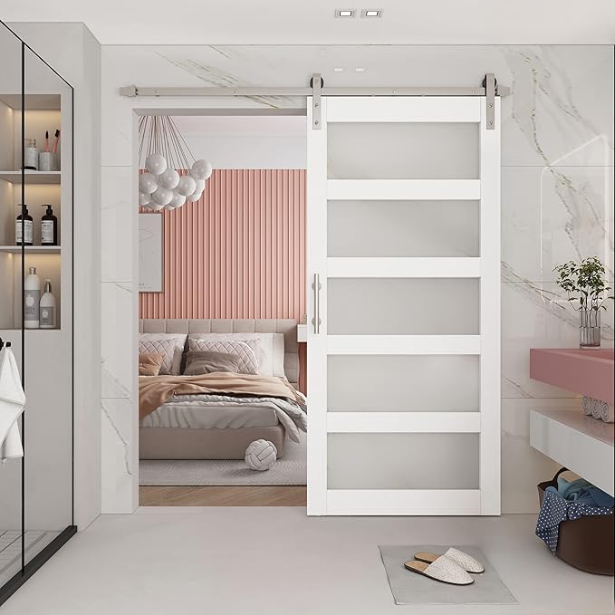 BARNSMITH 36in x 84in 5-Panel Glass Barn Door with 6.6FT Brushed Nickle Sliding Door Hardware Included & Handle, Frosted Glass Solid Wood Water-Proof PVC Surface,Pre-Drilled Easy Assembly,White
