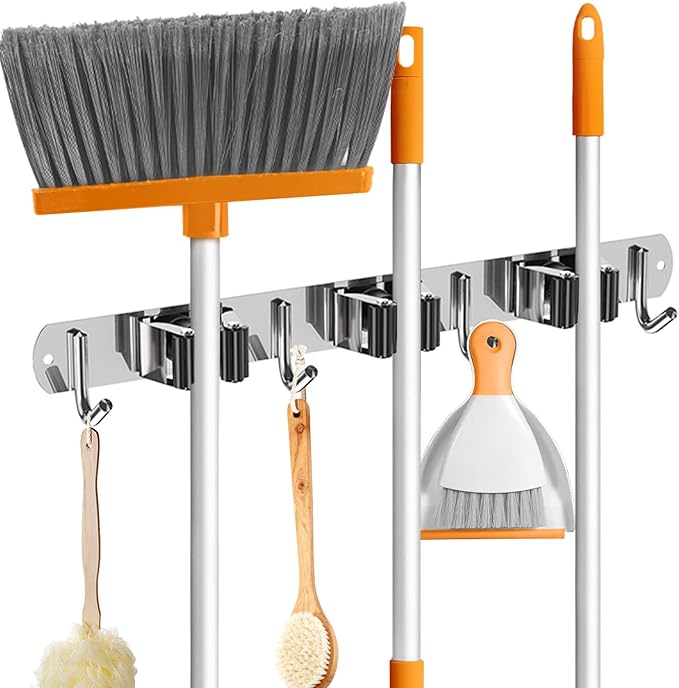 ZONGOOL Mop Broom Holder Wall Mount, Broom Organizer Mop and Broom Storage Tool Racks Stainless Steel Wall Hanger for Home Kitchen Garden Laundry Garage (3 Racks with 4 Hooks, Silver)