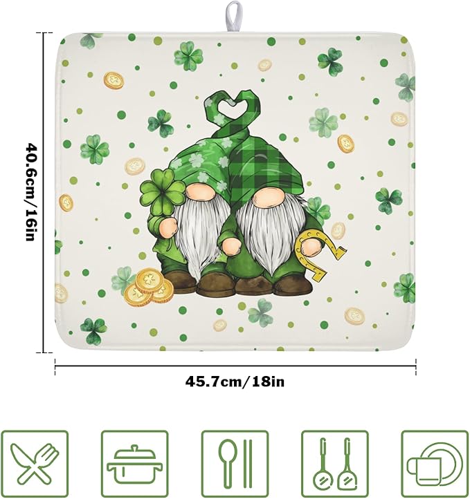 St Patrick's Day Gnome Dish Drying Mat for Kitchen Counter,Inch Lucky Shamrock Gold Coin Drying Mat 16 x 18 Inch with Absorbent Reversible Microfiber Dish Drying Pad for Coffee Bar