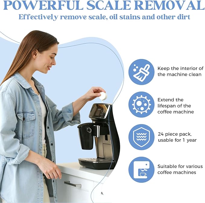 Coffee Pot Cleaner, Coffee Maker Cleaner Descaler Tablets, 24 Counts Machine Cleaning Tabs, Compatible With Keurig, Nespresso, Ninja, Philips, Miele, Descale Drip Coffe And Espresso Machines