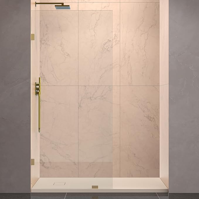 Shower Glass Panel 34" x 79" Easy-to-Clean Treated, 3/8" Tempered Glass Shower Screen, Frameless Shower Door for Walk In Bathroom, Brushed Gold