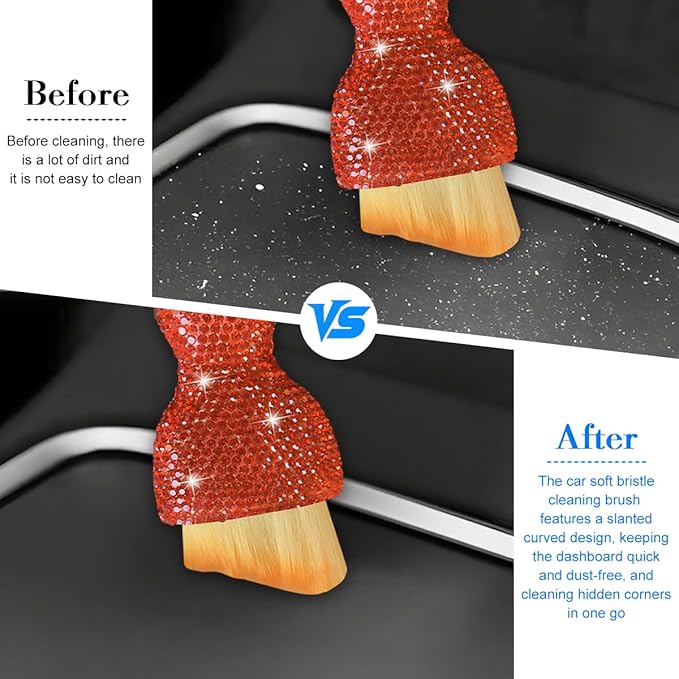 Bling Car Detailing Brush, Crystal Rhinestone Non-Scratch Vehicle Cleaning Dust Brush for Air Vent & Dashboard, Soft Bristles Automotive Interior Cleaning Tool, Universal Fit (Orange Red)